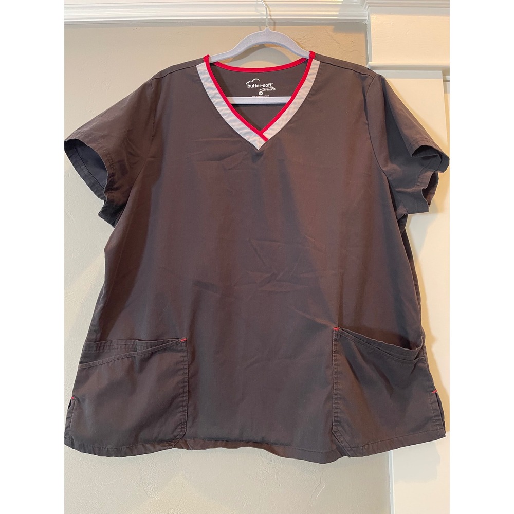 Butter-Soft Stretch Womens Scrub Top 2X Black Red White V-Neck Pockets